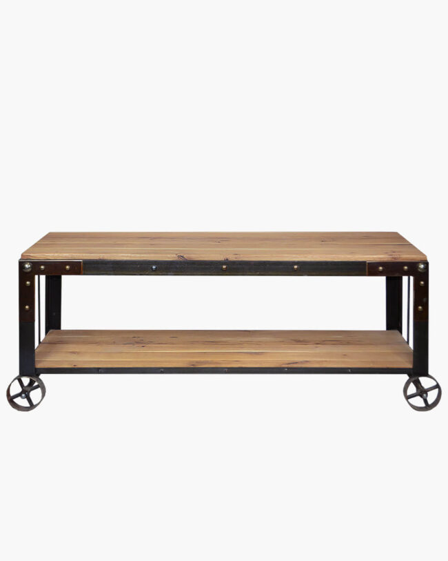 Comoda TV in stil industrial cu roti, din metal negru vintage si stejar natur CT2