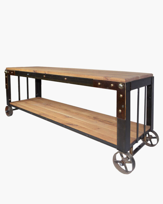 Comoda TV in stil industrial cu roti, din metal negru vintage si stejar natur CT2