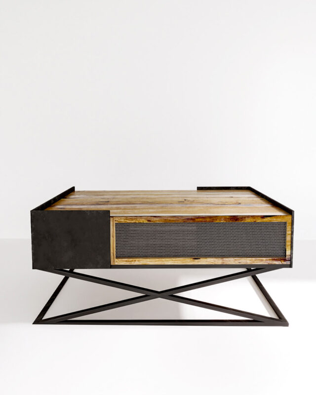 Masuta de cafea in stil industrial din stejar si metal negru mat, cadru X