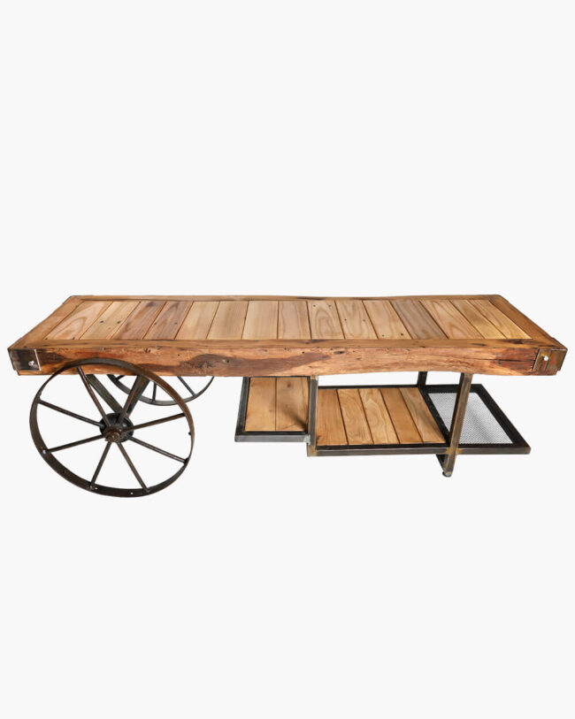 comoda tv unicat in stil industrial din stejar reconditionat cu roti de car