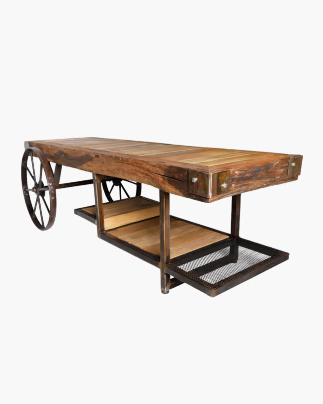 comoda tv in stil industrial din stejar reconditionat cu roti de car